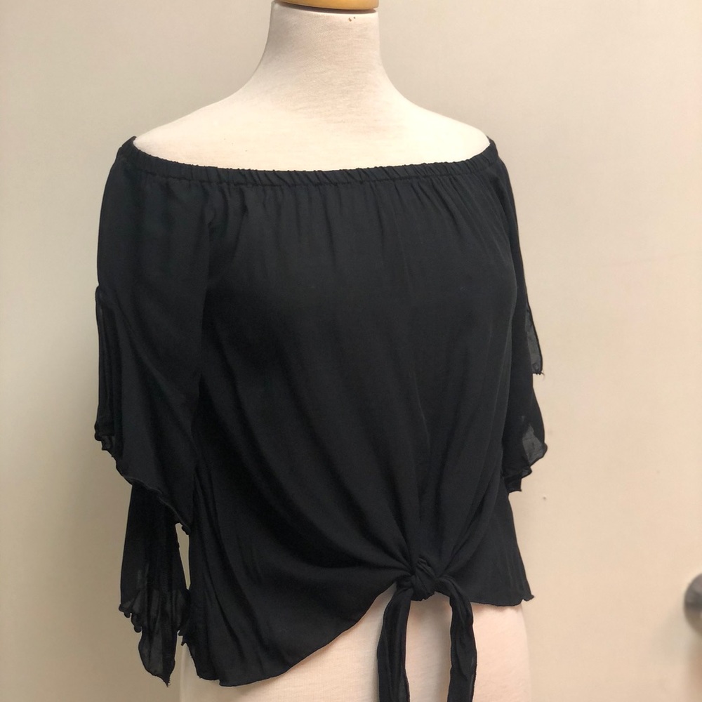 Elan tie front off the shoulder top